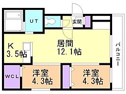 JR函館本線 桑園駅 徒歩11分の賃貸マンション 3階2LDKの間取り