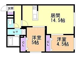 札幌市営東西線 バスセンター前駅 徒歩9分の賃貸マンション 1階2LDKの間取り