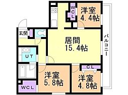 札幌市営南北線 幌平橋駅 徒歩24分の賃貸マンション 4階3LDKの間取り