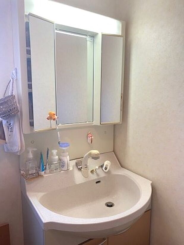 洗面化粧台は三面鏡タイプになっており、鏡の裏側は収納スペースになっております。