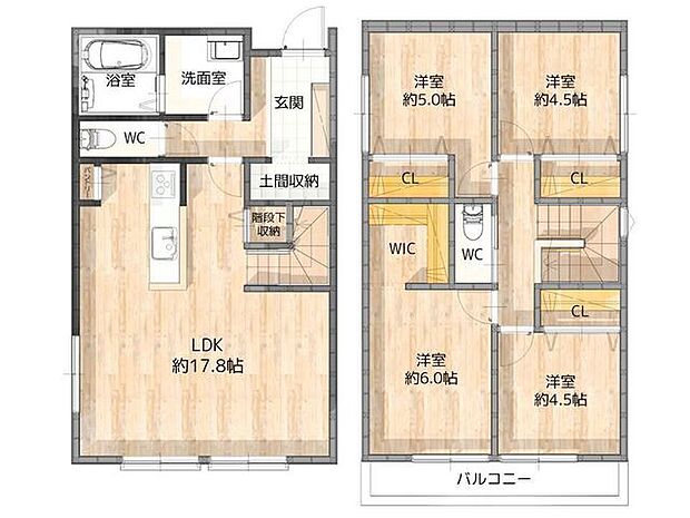 ゆとりのある4LDKの間取りです。2階に4部屋あるのでご家族それぞれのお部屋を確保することができそうですね。