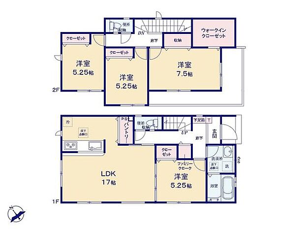 4LDKの間取りです。パントリーやウォークインクローゼット付きで収納スペースも充実しております。