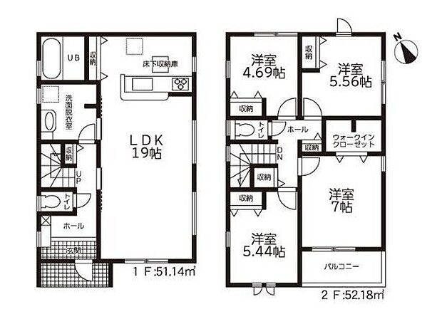 4LDKの間取りです。全居室に収納スペースがあるので、お部屋をより広くお使いいただけそうです。