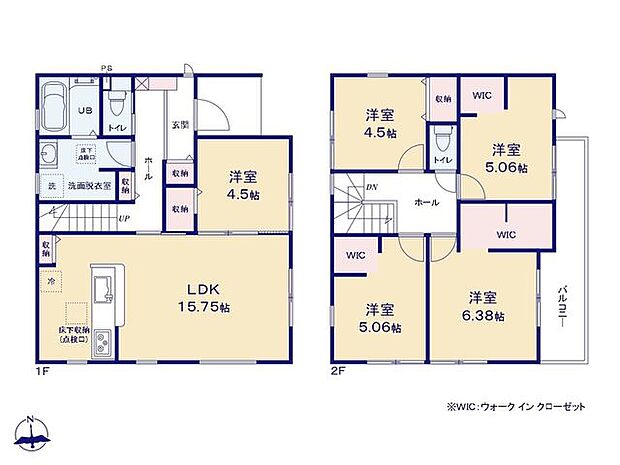 ゆとりのある5LDKの間取りです。ウォークインクローゼットが3つあり収納スペースも充実しております。