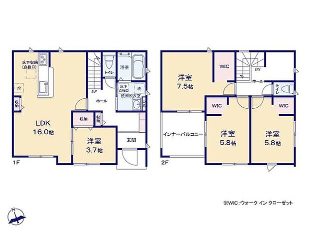 4LDKの間取りです。ウォークインクローゼットが3か所あり、収納スペースが充実しております。