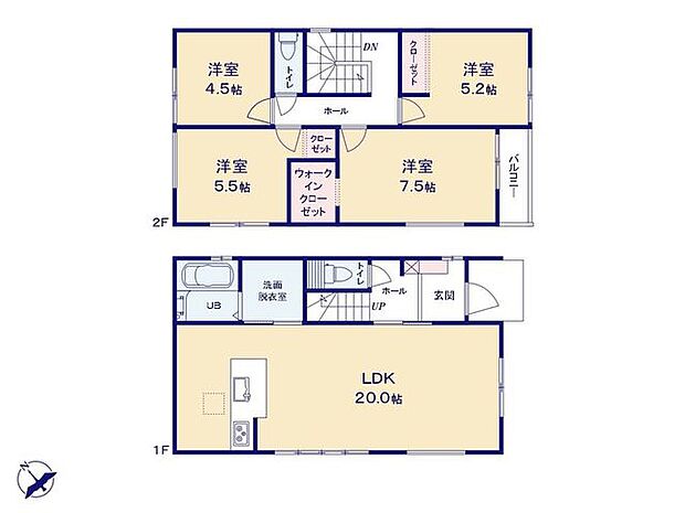 20帖の広々としたLDK。キッチンからリビング全体を見渡せる安心レイアウト。