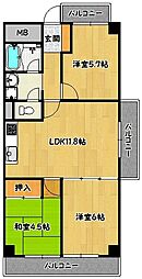 神鉄有馬線 鈴蘭台駅 徒歩3分の賃貸マンション 2階3LDKの間取り