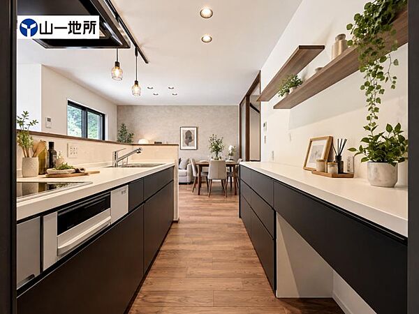 カップボード付きで食器も家電もきれいに収まる、理想の収納力（本画像はCGで作成しており、現地に家具は置かれておりません）