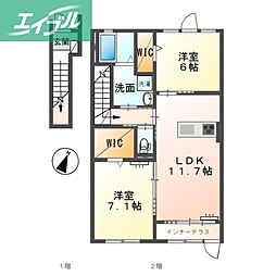 仮)ユニヴァリィII今保 2LDKの間取図画像