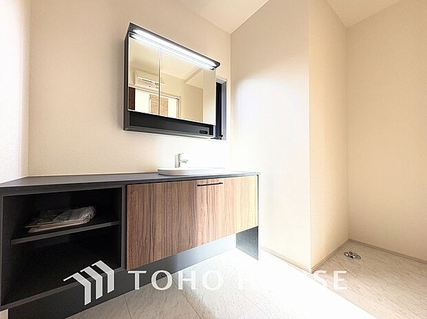 身だしなみのチェックがしやすい大きな鏡、下には収納がたっぷり。スッキリとした空間を演出いたします。