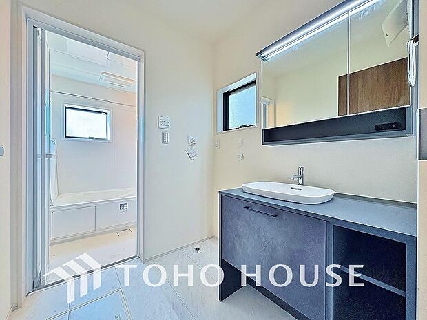 身だしなみのチェックがしやすい大きな鏡、下には収納がたっぷり。スッキリとした空間を演出いたします。