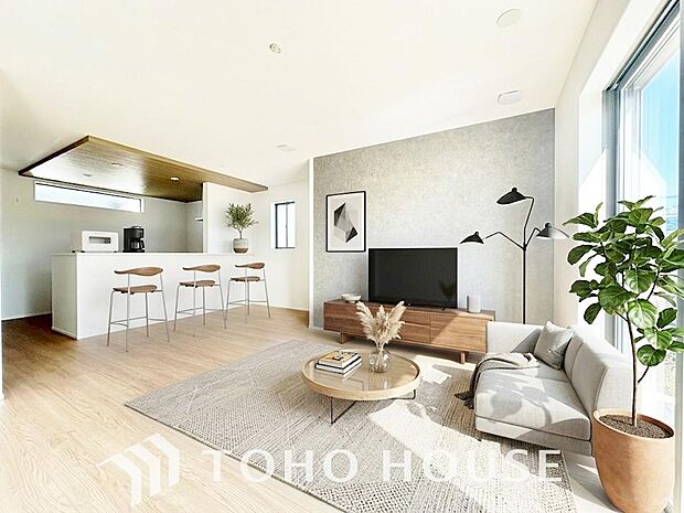 毎日の暮らしに癒しをもたらす居心地の良いリビングです。家具・家電はCGです。