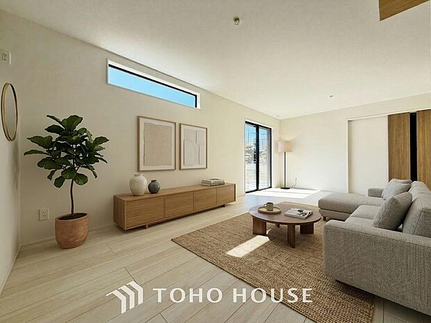 光が注がれる青い空から鮮やかに赤色にゆっくりと染まる。(家具・家電はCGです)