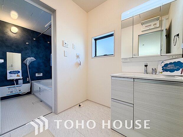 身だしなみのチェックがしやすい大きな鏡、下には収納がたっぷり。スッキリとした空間を演出いたします。