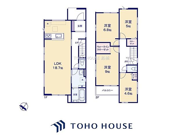 18.7帖の広々LDKと、2階に4つの洋室を備えた4LDKの間取りです。収納力のあるウォークインクローゼットや各室の収納、2箇所のトイレも完備。ゆとりある空間で家族が快適に暮らせる魅力的な住まいです。