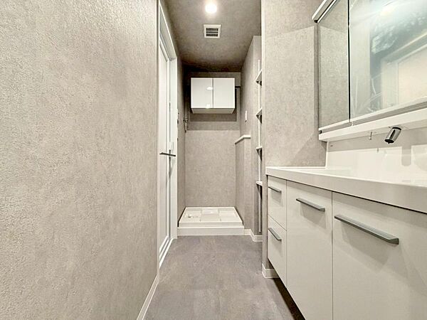 身だしなみのチェックがしやすい大きな鏡、下には収納がたっぷり。スッキリとした空間を演出いたします。