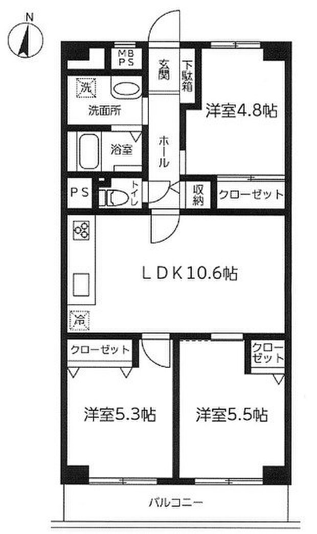 日商岩井北浦和マンションA棟(3LDK) 8階の間取り