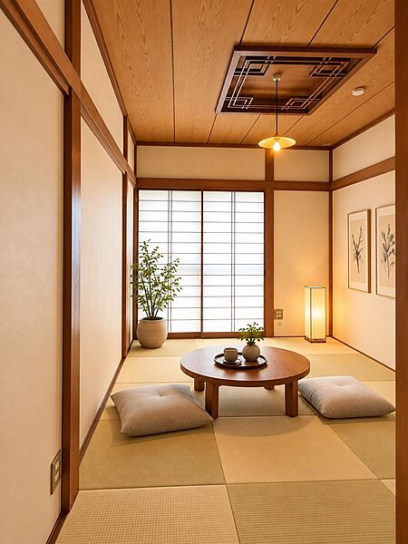 レトロな建具と市松模様のリノベーション畳が美しい和室。落ち着きのあるくつろぎ空間です。※掲載画像は実際の室内写真をもとにCG加工したイメージです。