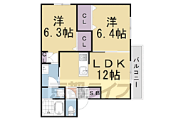 JR東海道・山陽本線 向日町駅 徒歩23分の賃貸マンション 3階2LDKの間取り