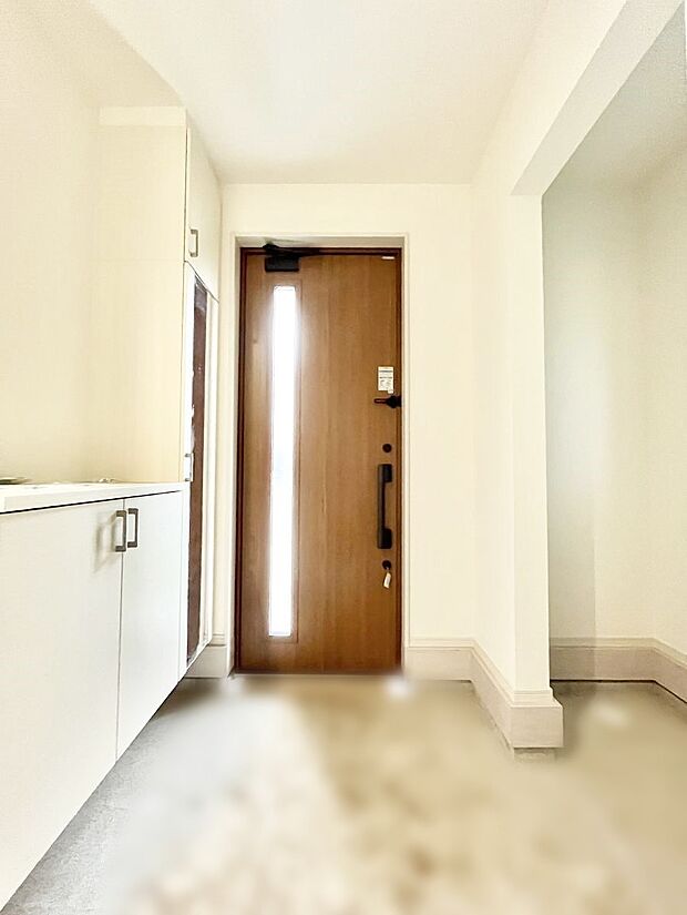 ガラススリットの入った玄関ドアが室内に光を届けてくれます