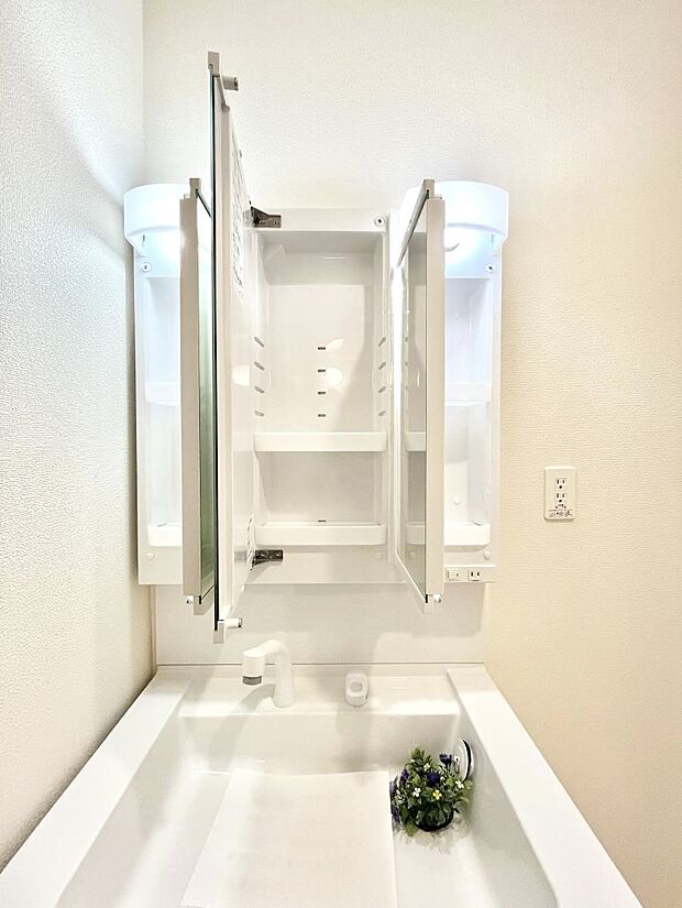 三面鏡の裏に、化粧品や衛生用品などを収納可能。洗面台をすっきりと保ちます!