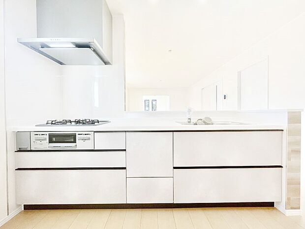 システムキッチンはシンプルでスッキリした飽きの来ないデザインなので永く使えそう!