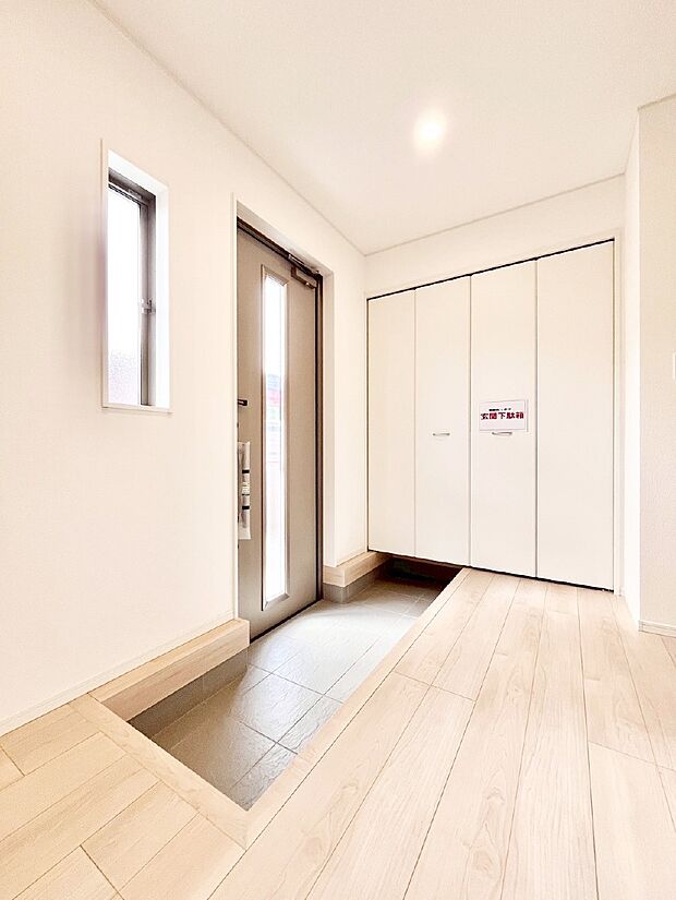 ガラススリットの入った玄関ドアが室内に光を届けてくれます