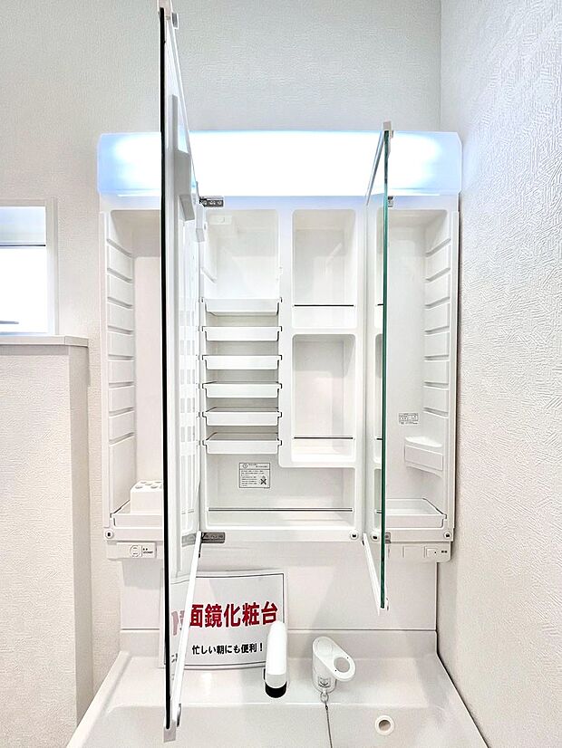 三面鏡の裏に、化粧品や衛生用品などを収納可能。洗面台をすっきりと保ちます！