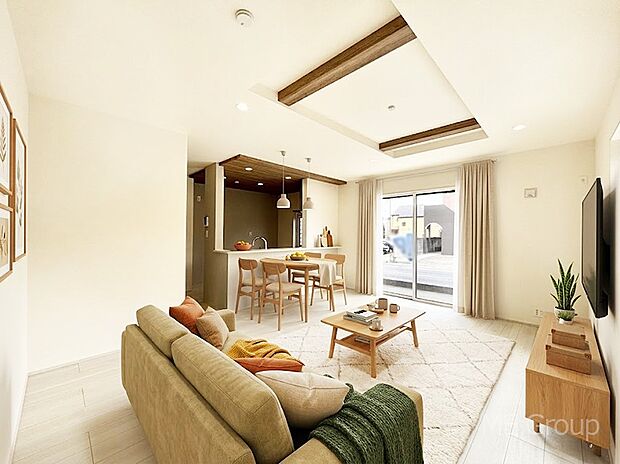 お洒落で開放感のある折り上げ天井を採用したリビング ※家具はCGです