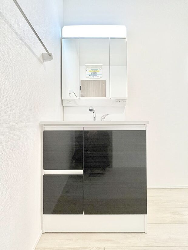 三面鏡の裏に、化粧品や衛生用品などを収納可能。洗面台をすっきりと保ちます！  