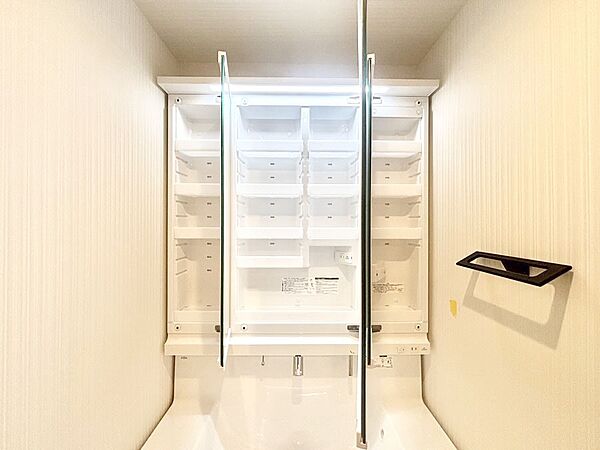 三面鏡の裏に、化粧品や衛生用品などを収納可能。洗面台をすっきりと保ちます！