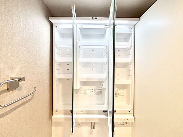 三面鏡の裏に、化粧品や衛生用品などを収納可能。洗面台をすっきりと保ちます！