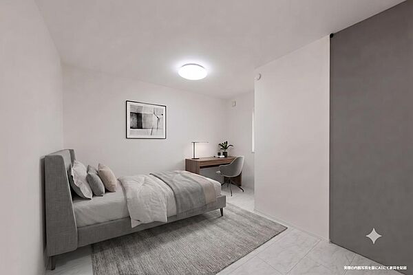 2階の洋室は将来的に2部屋に分けることもできます（実際の写真を基にAIにて家具を配置）