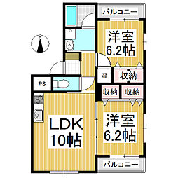古戦場公園ローズマンション 1階2LDKの間取り
