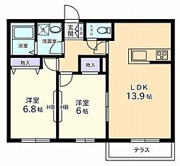 オークヒルＮ棟 1階2LDKの間取り
