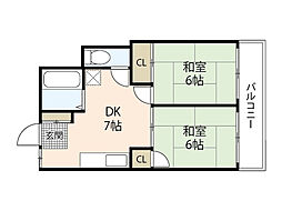ヤマヒロビル 4階2DKの間取り