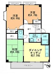 フォブール八木Ｃ棟 2階3DKの間取り