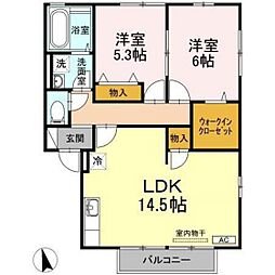 グランシャリオ　Ｂ棟 2階2LDKの間取り