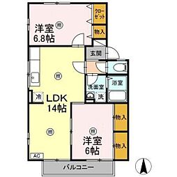 エクレール西田　B棟 2階2LDKの間取り