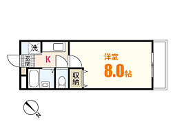 ウイング川内 1階1Kの間取り