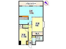 グリーンコート毘沙門 9階2LDKの間取り