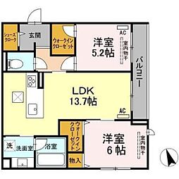 Clarus古市橋 1階2LDKの間取り