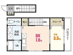 ロイヤルヴィラ緑井　B棟 2階1DKの間取り