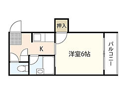 ウエストテイル南観音 2階1Kの間取り