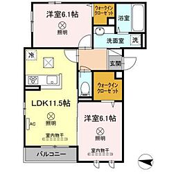 セジュール玉木E 1階2LDKの間取り