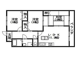 フェリスクラモト 2階3LDKの間取り