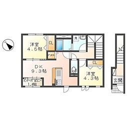 スターテラス上安 2階2DKの間取り