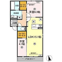 トリシアくるめ木 1階2LDKの間取り