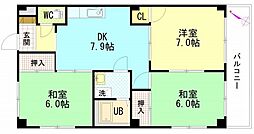 セントラルリバーC棟 2階3DKの間取り