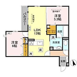 Wisteria寺家 1階2LDKの間取り